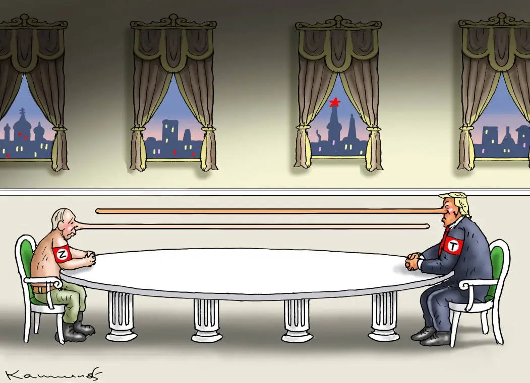 Two men sit across a long table, each with an extremely long nose that extends far beyond the table, meeting in the middle…