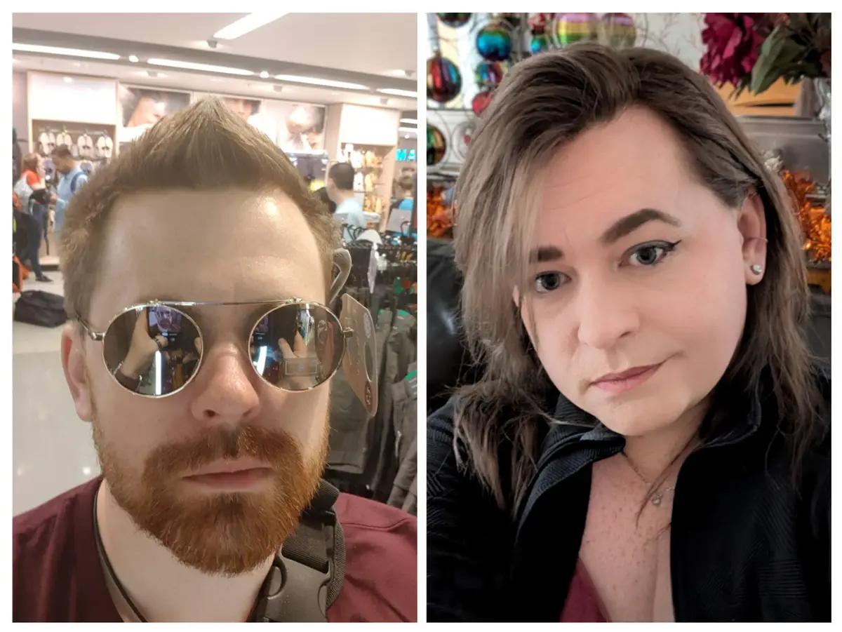 A split image shows a man with a styled haircut wearing round sunglasses in a store, next to a woman with a similar haircut…
