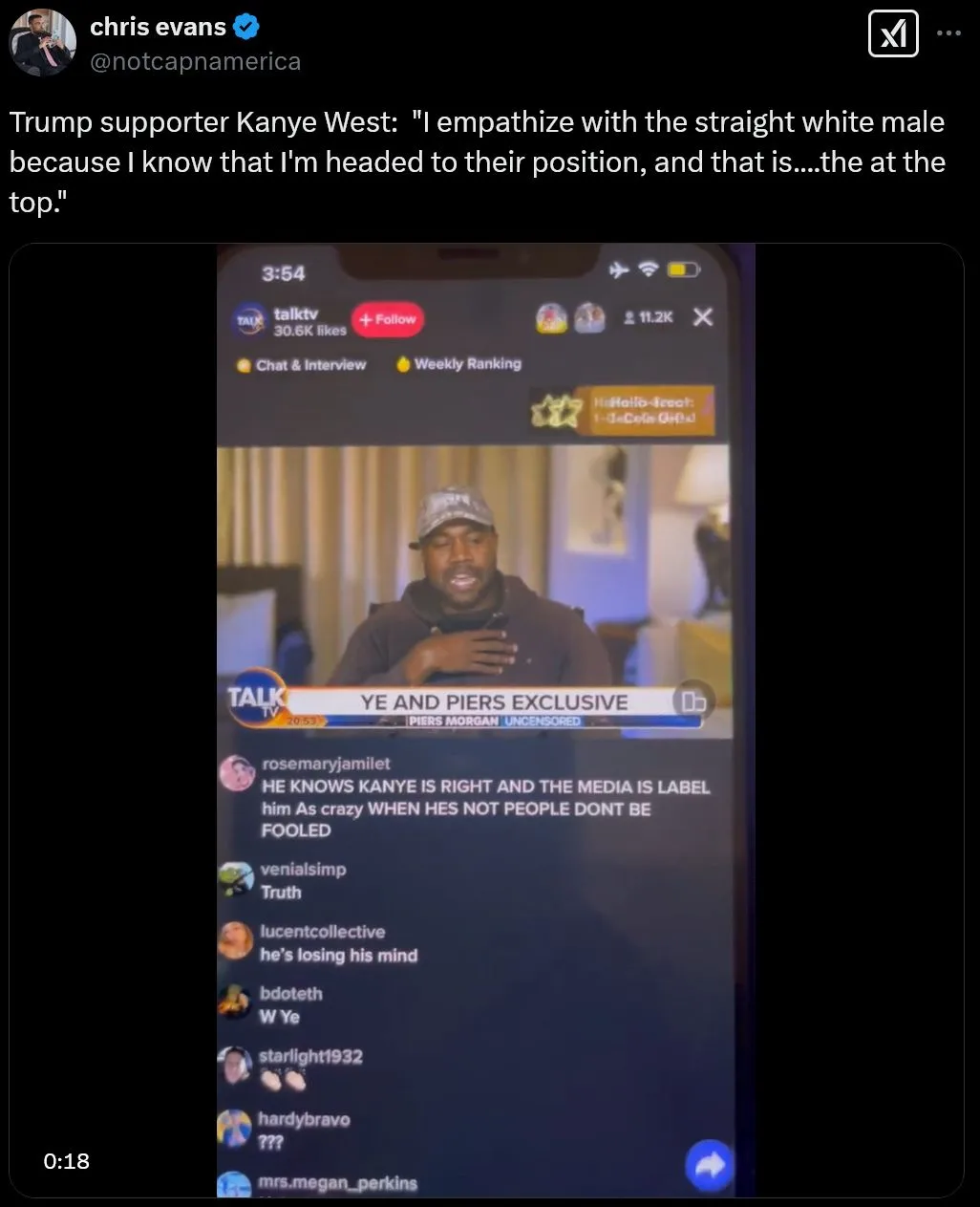 A screenshot of a Twitter post by Chris Evans showing a video clip from 'TalkTV' where Kanye West is speaking. The video…