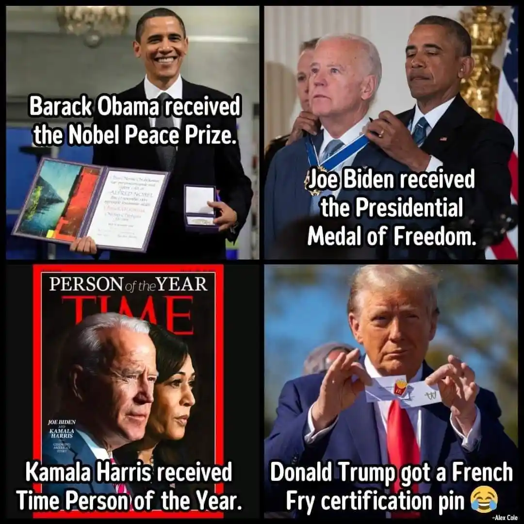 A four-panel meme comparing honors received by U.S. political figures: Barack Obama with a Nobel Peace Prize, Joe Biden with…