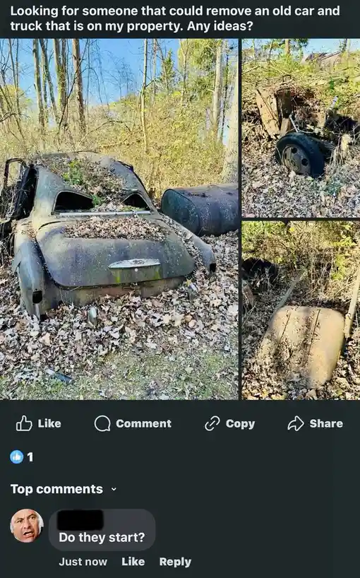 A social media post shows three photos of rusted, abandoned vehicles covered in leaves in a wooded area. The original poster…