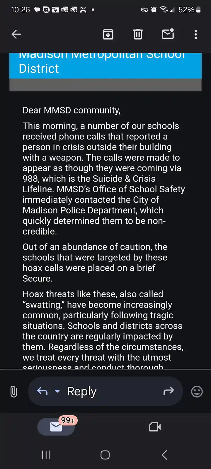 A screenshot of a school district email notification on a smartphone, detailing a hoax call made to appear as if from the…
