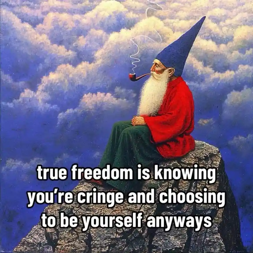 A painting depicts a gnome with a blue pointed hat, red robe, and white beard, sitting atop a rocky outcrop against a…
