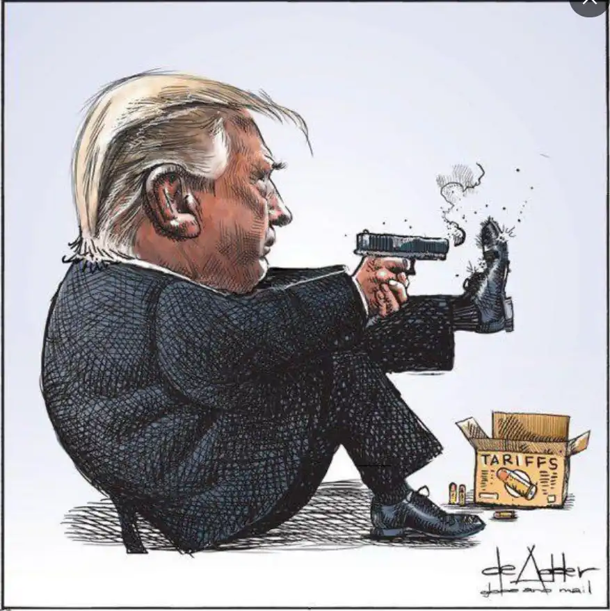 A cartoon depicts a caricature of Donald Trump sitting on the floor, holding a handgun and firing it at his own shoe. Beside…