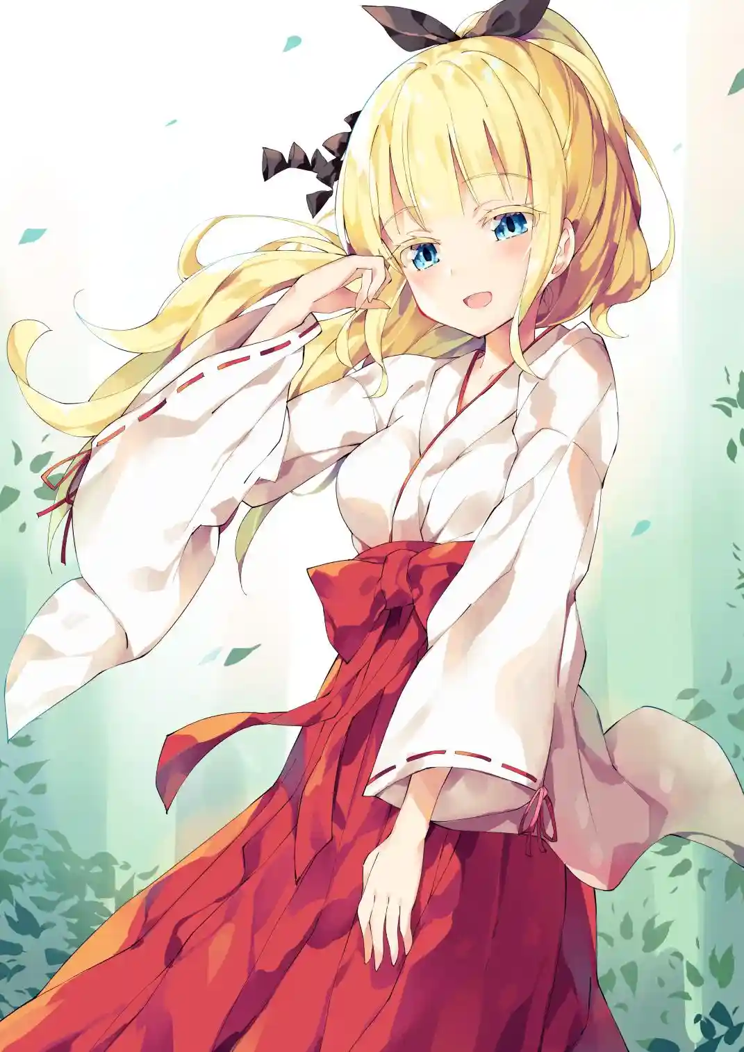 A blonde anime girl with blue eyes and a black bow in her hair wears a white and red traditional Japanese garment, posing…