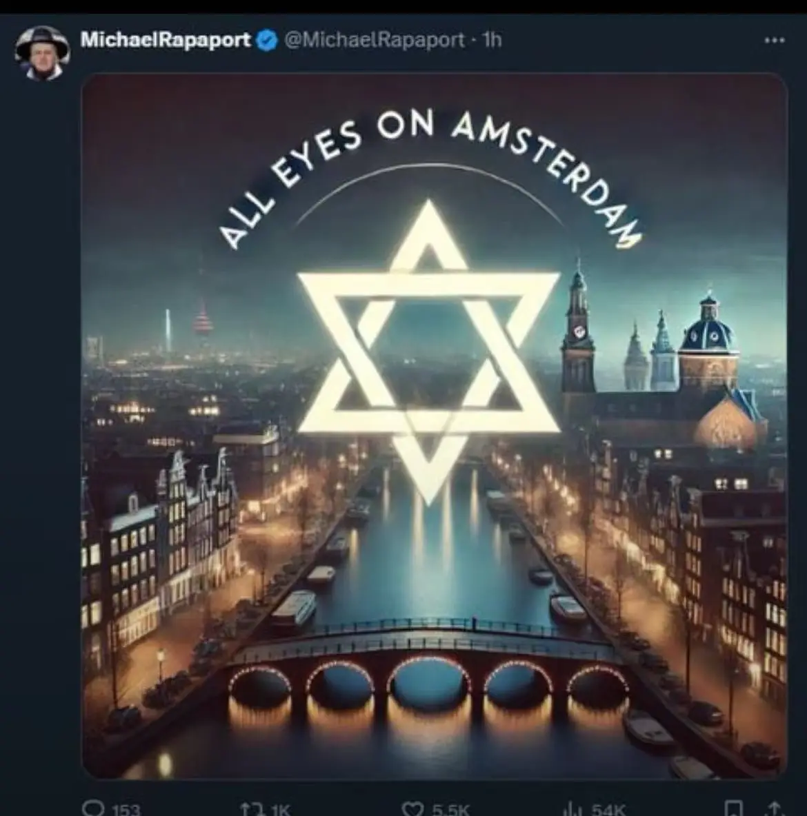 A nighttime photo of Amsterdam's canals and historic buildings, overlaid with a large, glowing Star of David and the text…