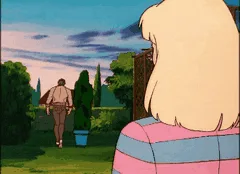 A sequence of six panels from an anime scene shows a blonde woman in a pink and blue striped shirt watching a man in a brown…