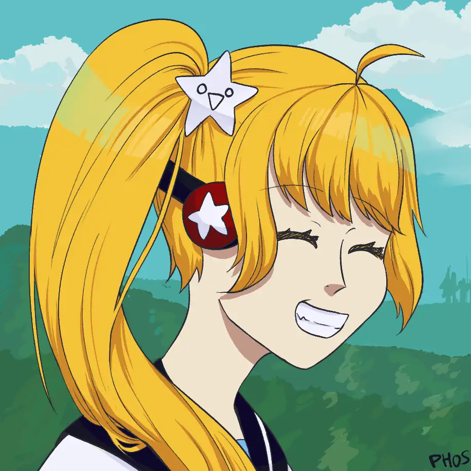 An anime-style girl with long blonde hair in a high ponytail, wearing a red star-shaped eye patch over her right eye and a…