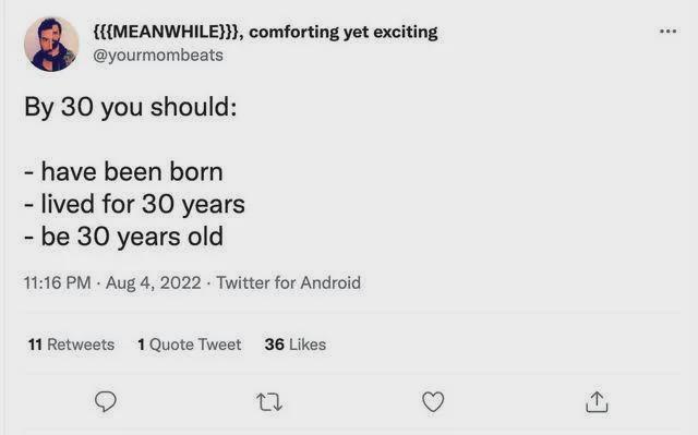 A screenshot of a tweet from user @yourmomb eats with the header "{{(MEANWHILE)}}, comforting yet exciting". The tweet lists…