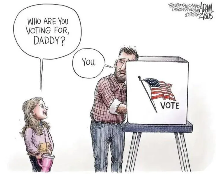A cartoon depicts a young girl holding a pink cup and asking her father, who is standing at a voting booth with an American…