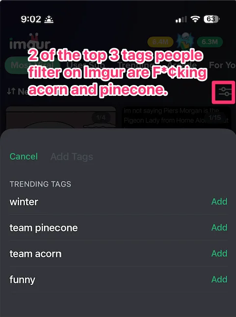 A screenshot of the Imgur mobile app's tag filter interface, showing a dark theme with a list of trending tags including…