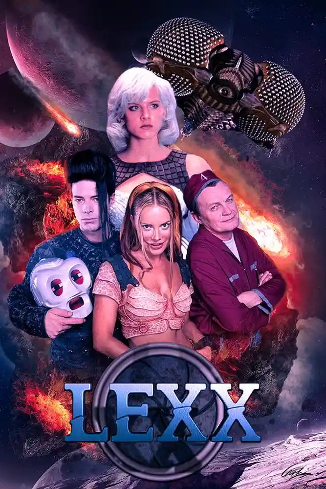 A promotional poster for the sci-fi series 'Lexx' featuring four main characters against a space backdrop with planets…
