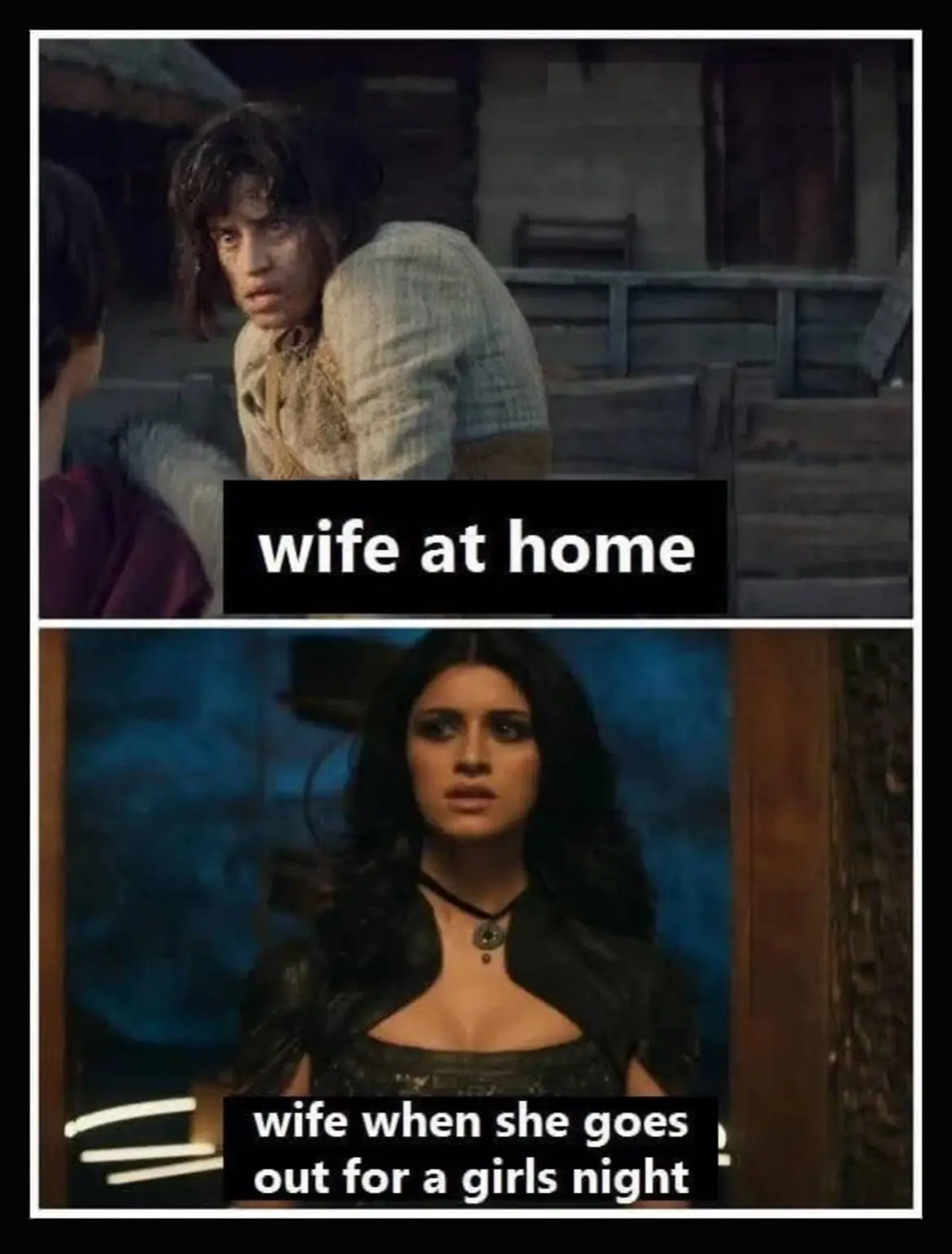 The top panel shows a man with messy hair and a dirty shirt looking anxious and worried, labeled 'wife at home'. The bottom…