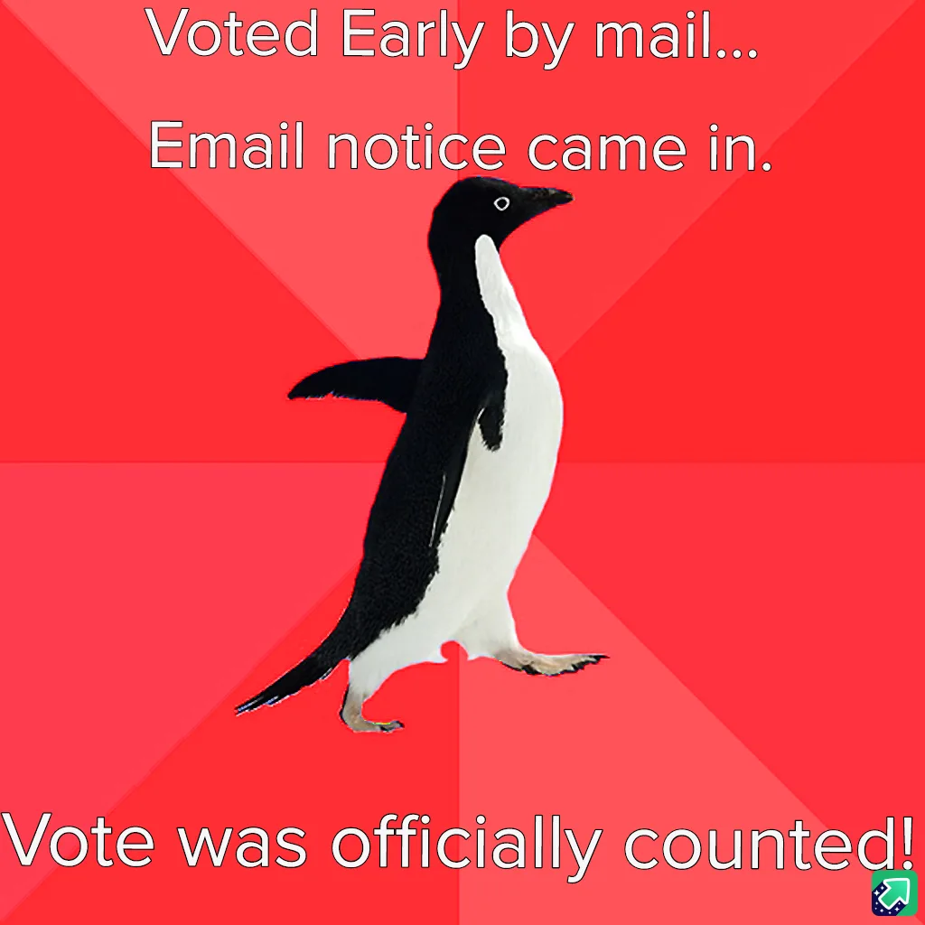 A black-and-white penguin walks against a red background with diagonal stripes. White text at the top reads 'Voted Early by…