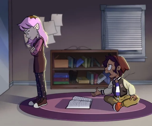 An anime-style scene shows a purple-haired girl with elf ears standing with arms crossed, looking annoyed at a boy sitting…