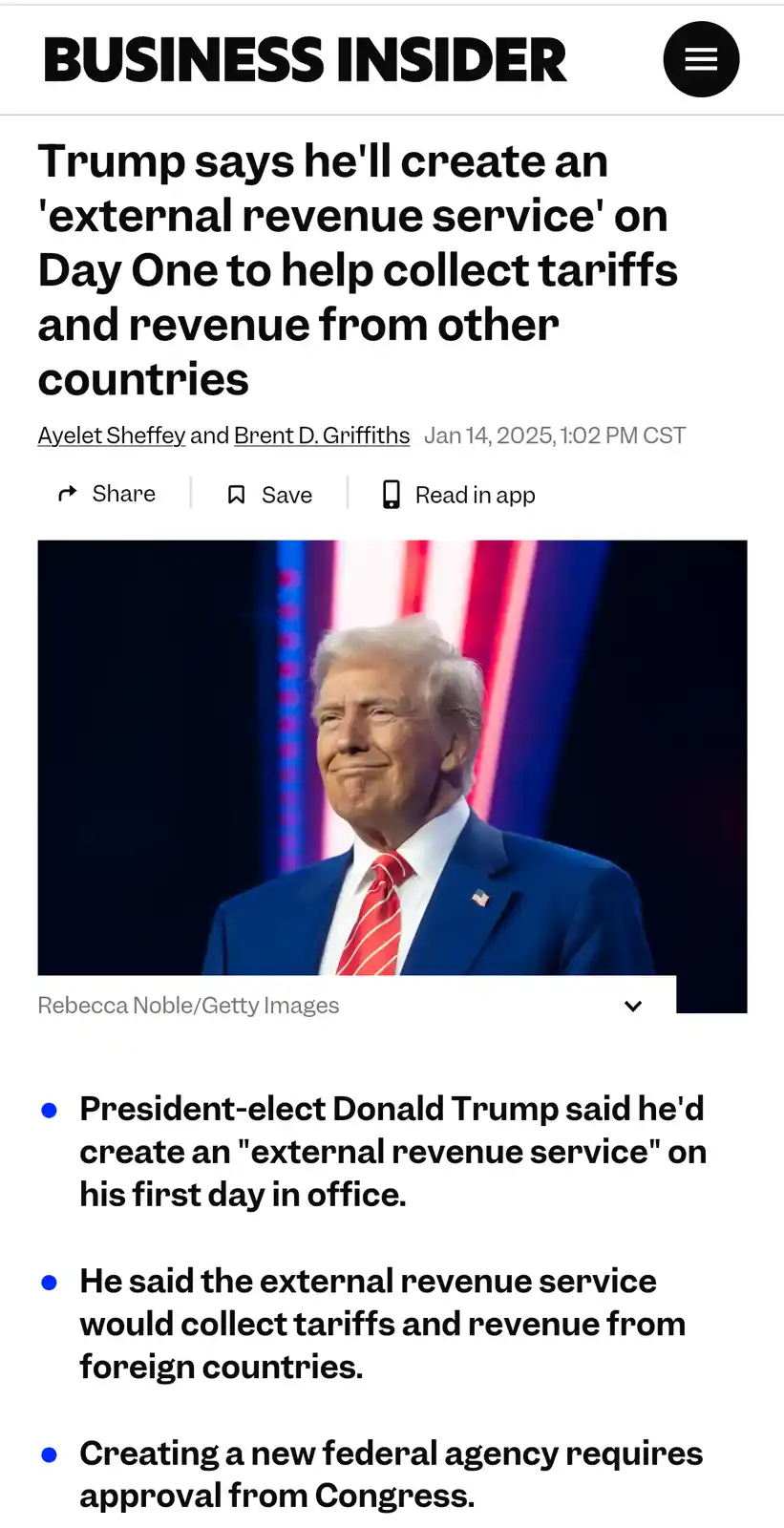 A screenshot of a Business Insider article from January 14, 2025, featuring a photo of Donald Trump smiling while wearing a…