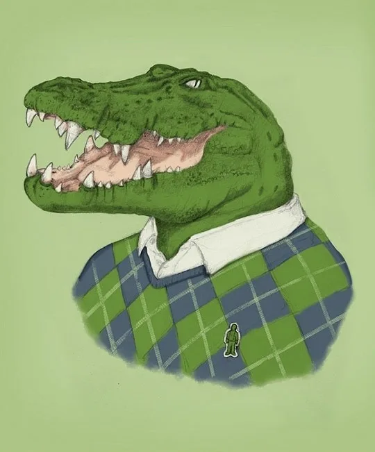 A cartoon illustration of a green crocodile wearing a green and blue plaid sweater over a white collared shirt. The…