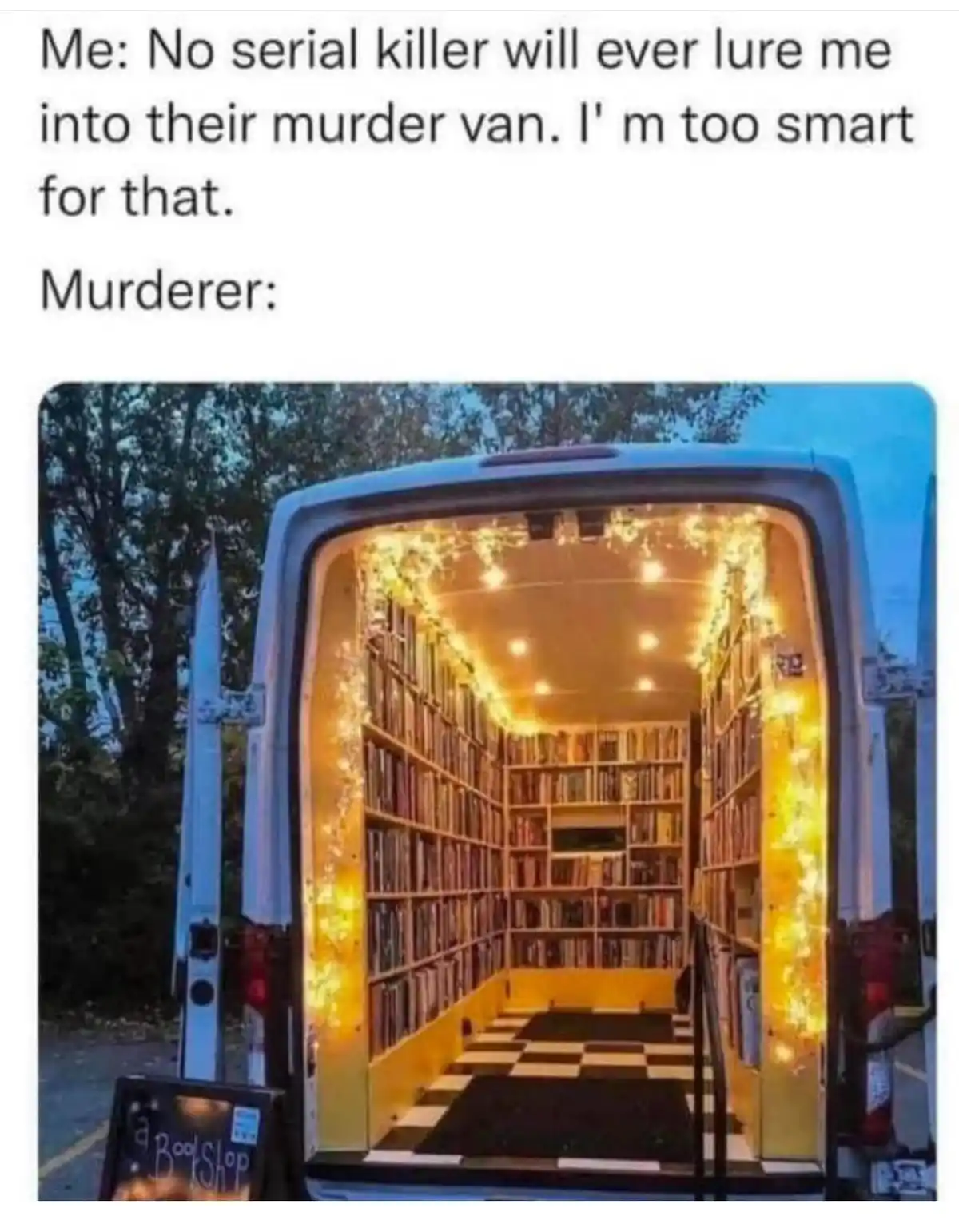 The image shows the open back of a white van, revealing its interior transformed into a cozy, well-lit bookstore…