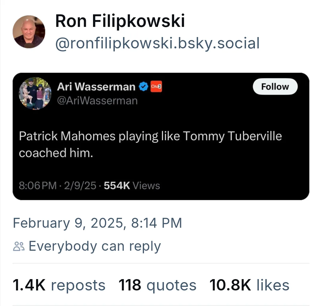 A screenshot of a social media post by Ari Wasserman, which reads 'Patrick Mahomes playing like Tommy Tuberville coached…