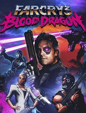 A promotional poster for the video game 'Far Cry 3: Blood Dragon' features a central male character with glowing purple eyes…