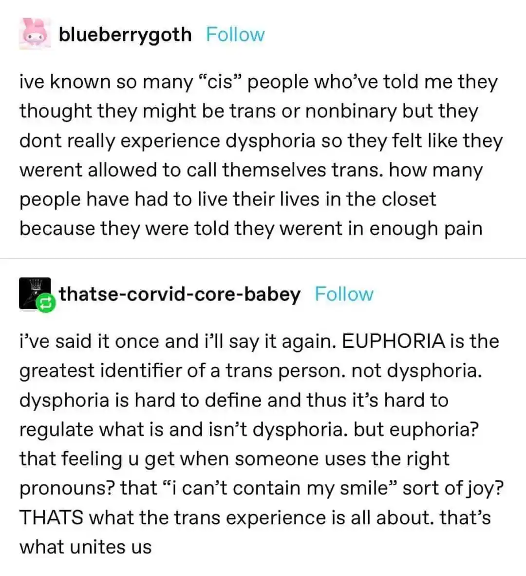 The image displays two social media comments stacked vertically. The top comment, from user 'blueberrygoth', laments that…