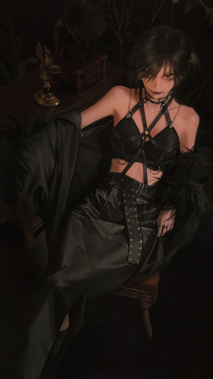 An anime-style illustration of a woman with dark hair and multiple piercings, wearing a black leather harness top and skirt…