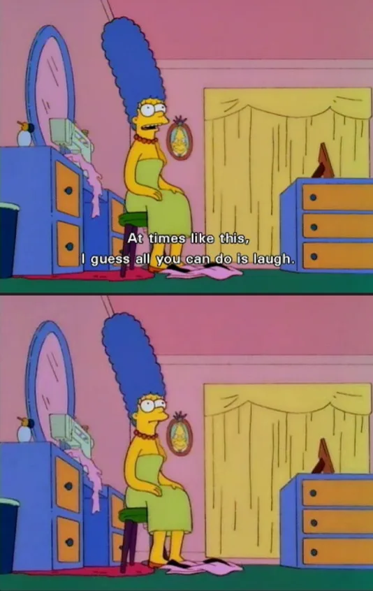 Two-panel image of Marge Simpson sitting on a stool in her bedroom, looking distressed. In the top panel, she has a worried…