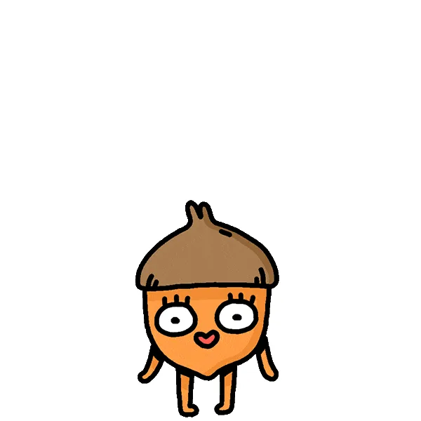 A cartoon acorn character with a smiling face and arms stands atop a tree with a happy face. The acorn then falls and lands…