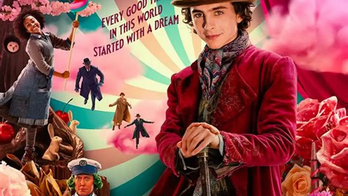 A vibrant movie poster for 'Wonka' featuring Timothée Chalamet as Willy Wonka in a red velvet coat and hat, surrounded by…