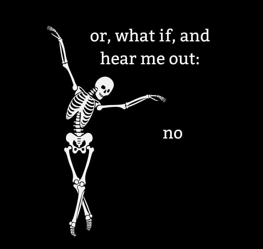 A white skeleton illustration against a black background strikes a dynamic, almost balletic pose with one arm raised and the…