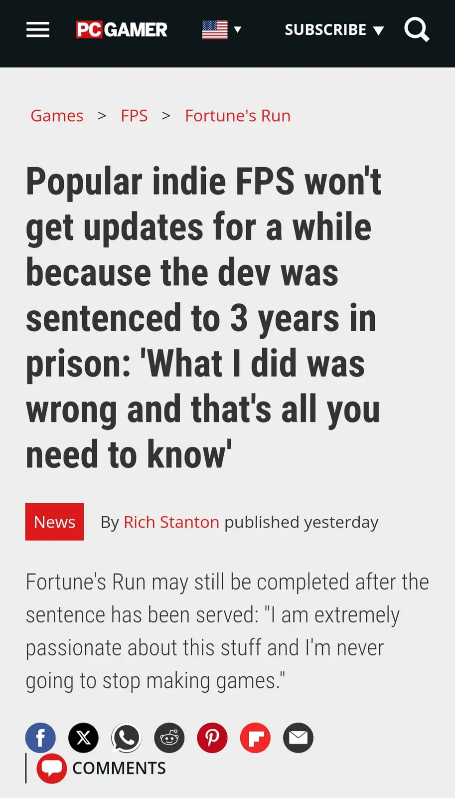A screenshot of a PC Gamer article about the indie FPS 'Fortune's Run' shows its headline: 'Popular indie FPS won't get…