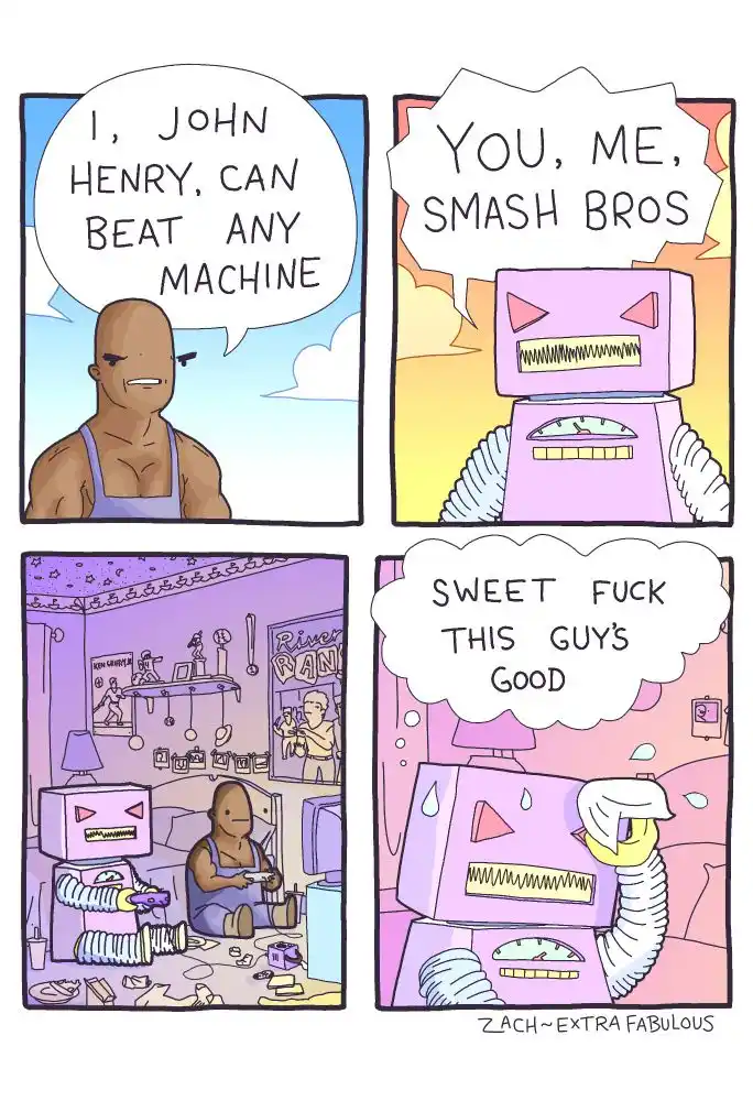 A four-panel comic strip shows John Henry confidently declaring he can beat any machine, followed by a robot agreeing…