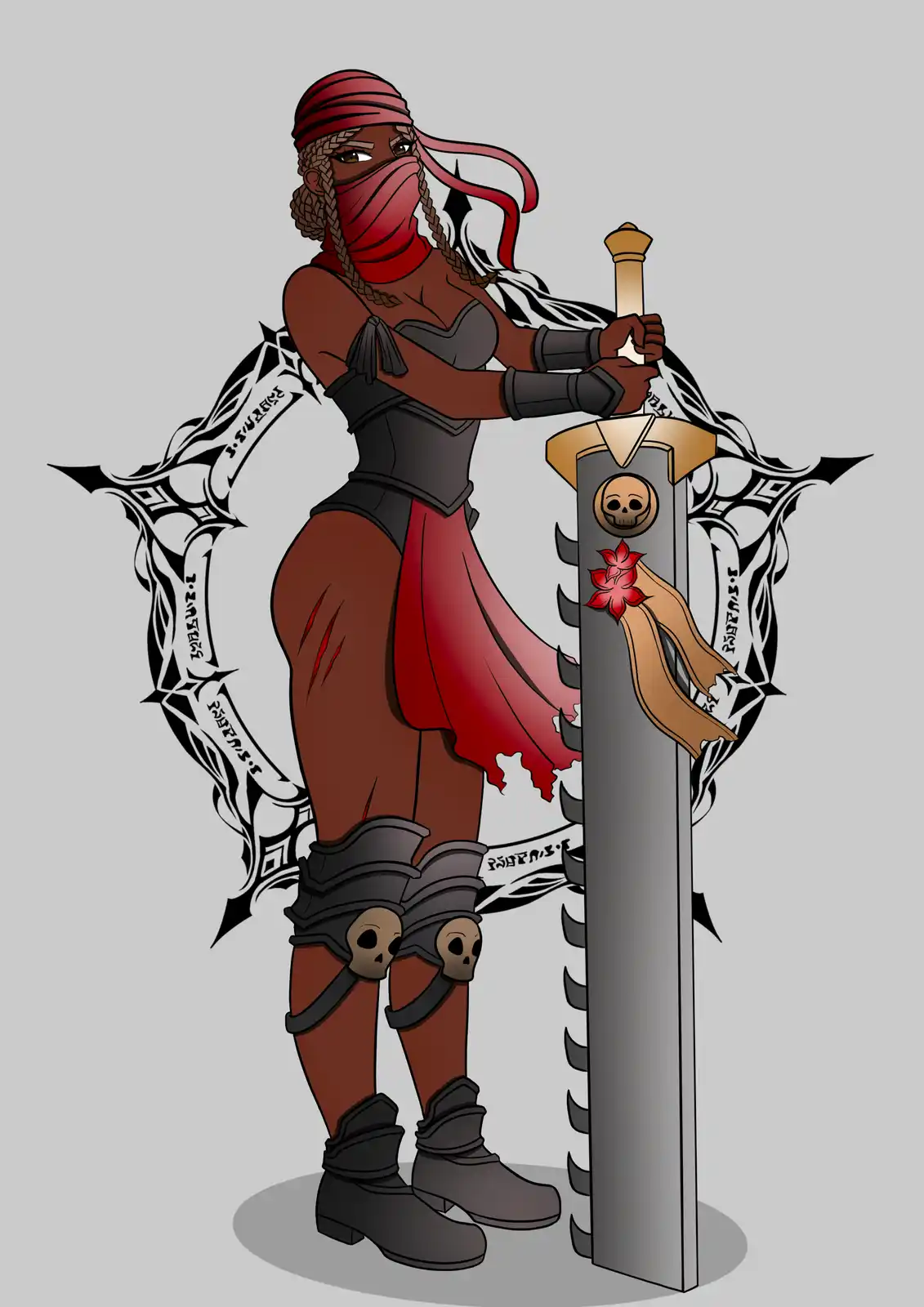 A stylized illustration of a female warrior with dark skin, wearing a red headscarf and face covering, holding a large…