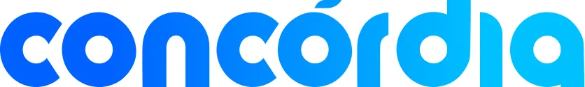 The image displays the word 'concórdia' in a bold, blue, sans-serif font with a gradient effect, set against a plain white…