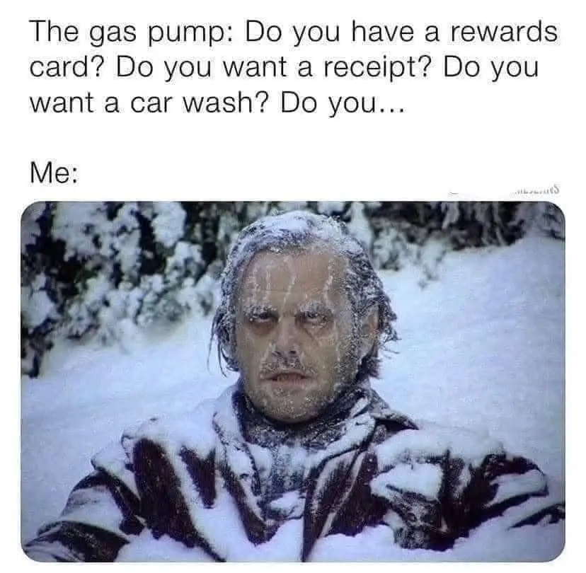 A man with snow on his head and shoulders, looking exhausted and annoyed, is shown below text listing gas pump questions…
