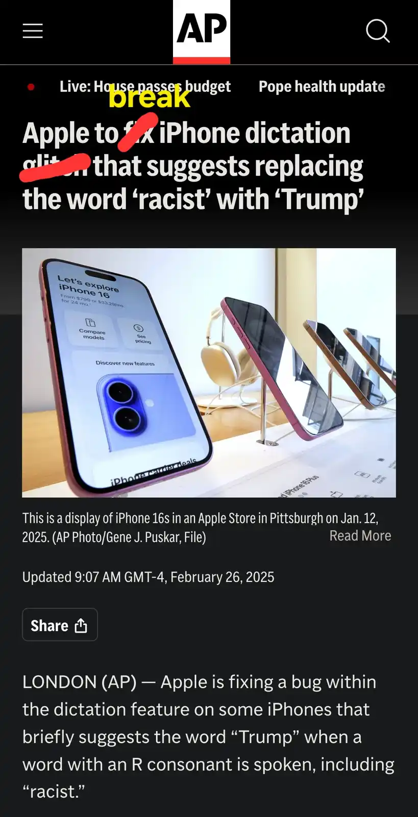 An AP news article screenshot shows a headline about Apple fixing a dictation bug that misinterprets words starting with 'r'…