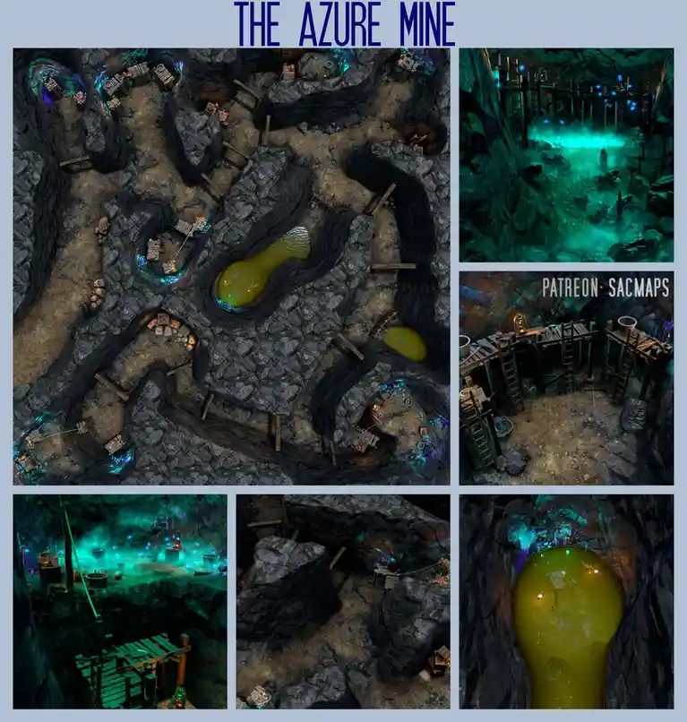 A collage of six images showcasing a fantasy dungeon map titled 'THE AZURE MINE,' featuring a top-down view of a sprawling…