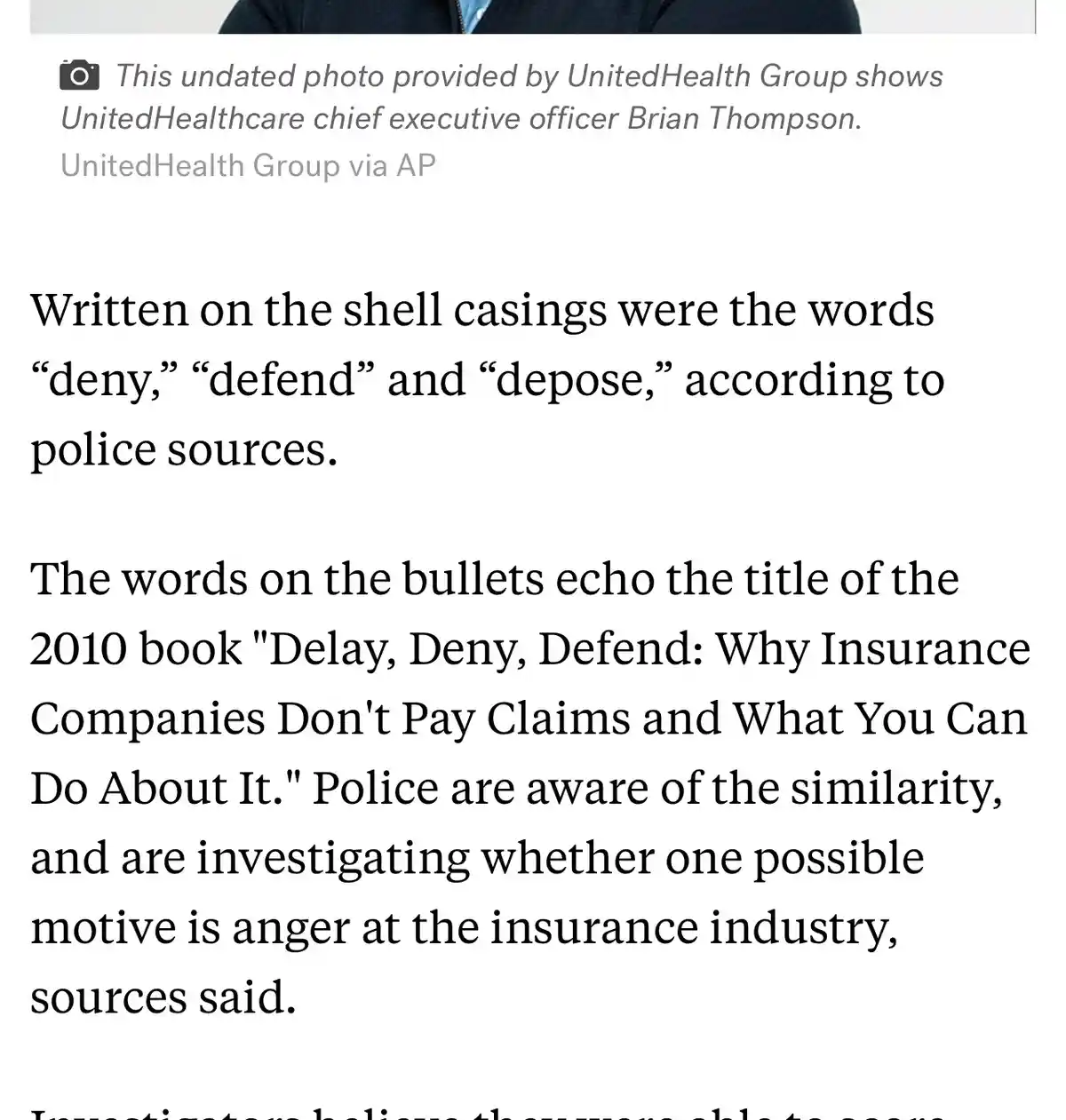 A screenshot of a news article about UnitedHealthcare CEO Brian Thompson shows text describing how the words 'deny,'…