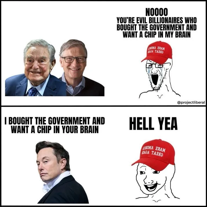 The meme is split into two panels. The top panel shows photos of George Soros and Bill Gates with text accusing them of…