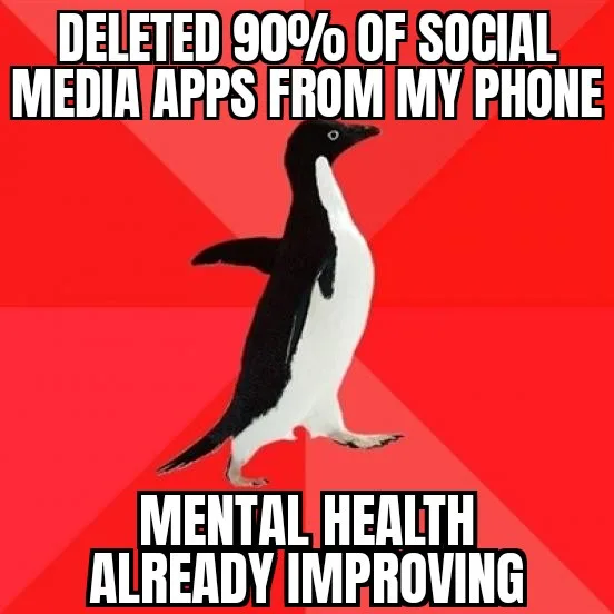 A black-and-white penguin stands against a red background with diagonal stripes. The text at the top reads 'DELETED 90% OF…