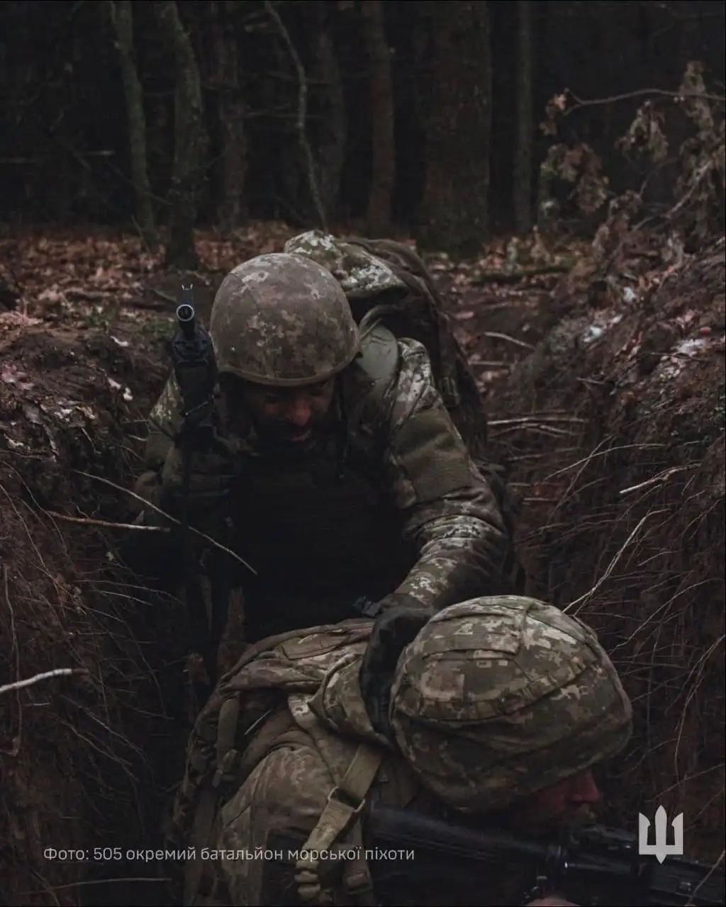 A soldier in camouflage gear and helmet is pulling another soldier out of a muddy trench in a forest. The soldier being…