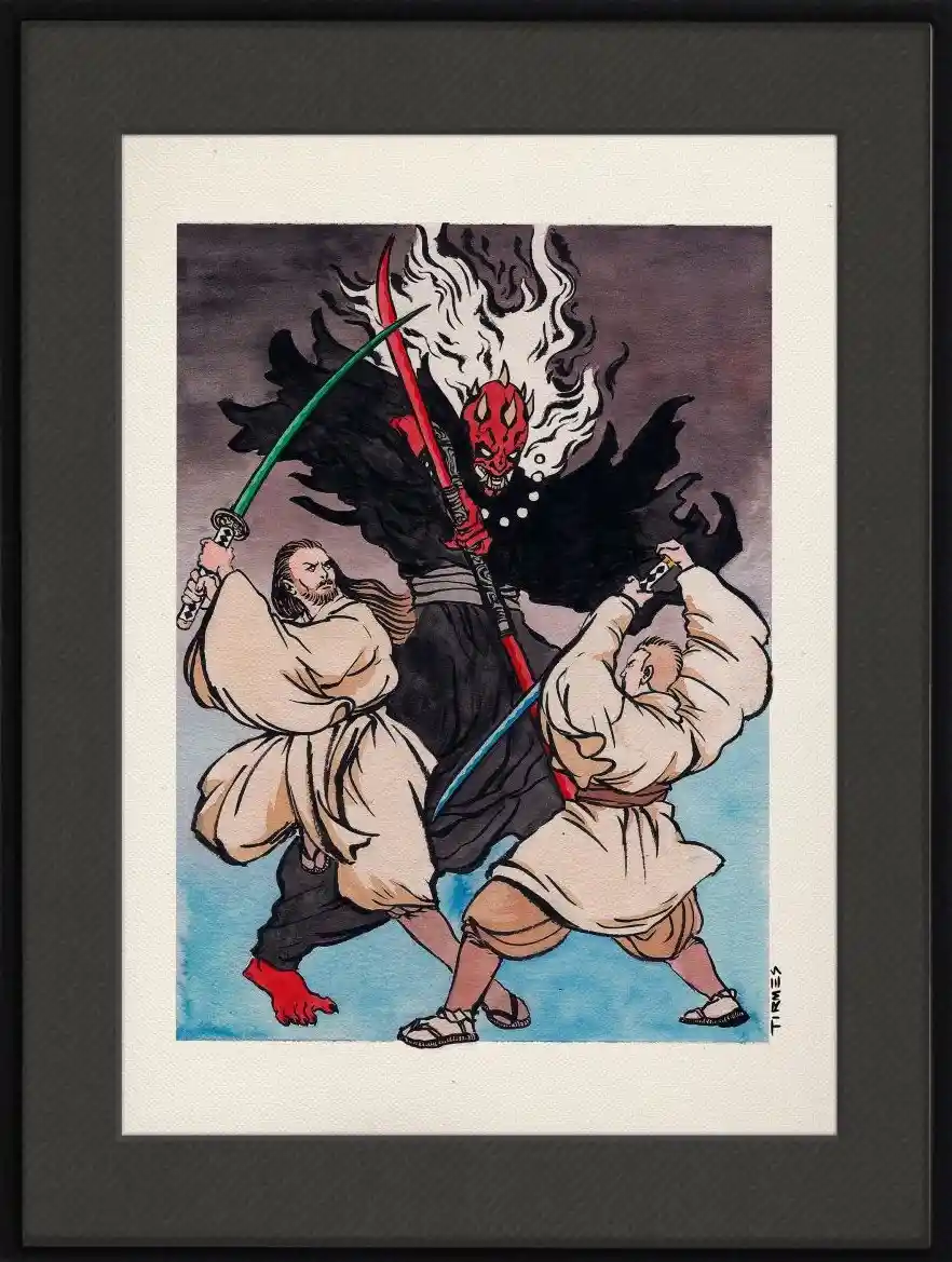 A framed Japanese-style illustration depicts two samurai warriors in flowing white robes fighting a demonic figure with a…