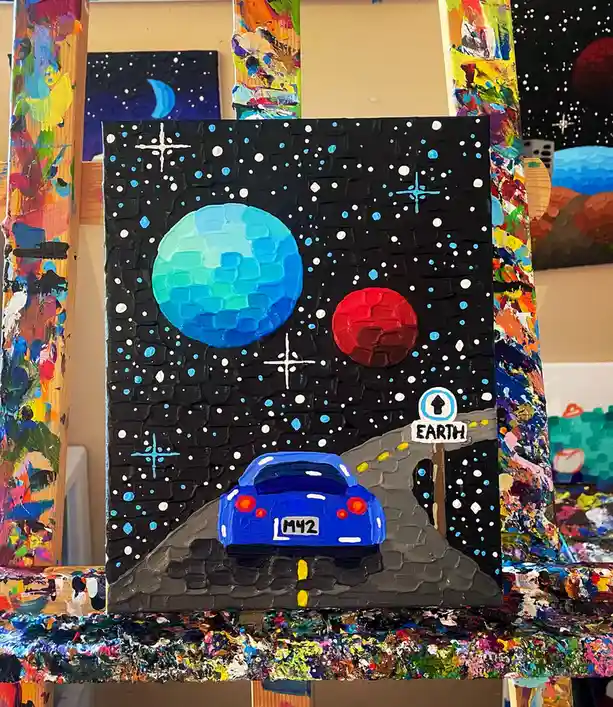 A textured painting shows a blue car with license plate 'M42' driving on a road toward a sign that reads 'EARTH', set…