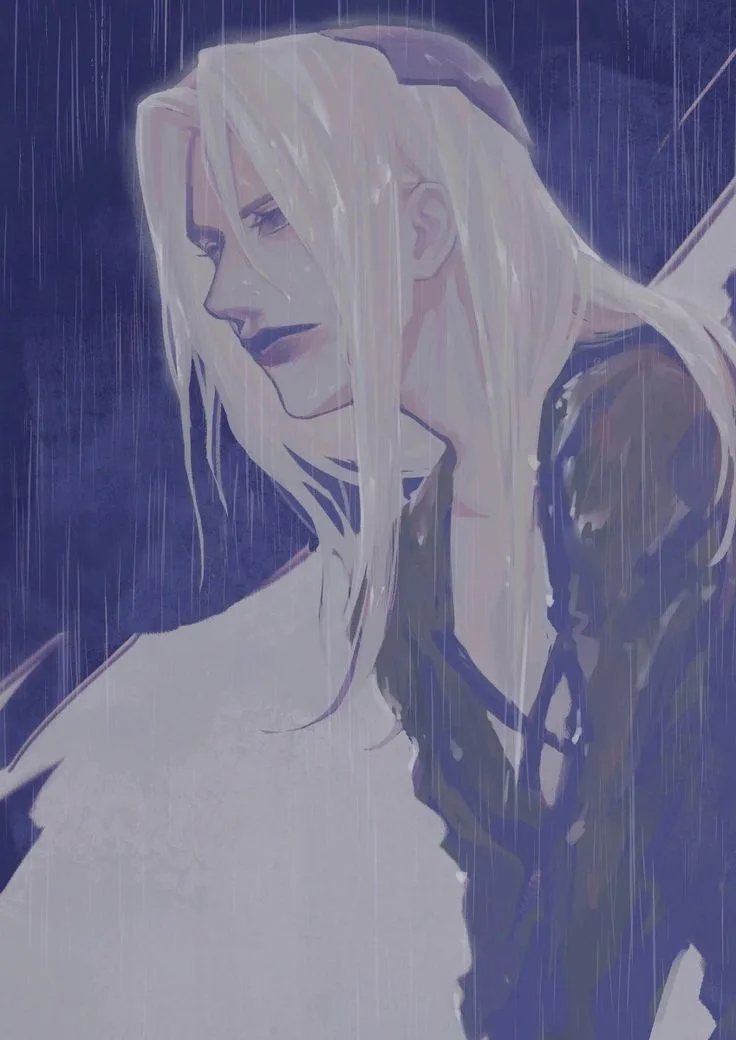 An anime-style illustration of a person with long white hair, looking downcast in heavy rain. The image has a melancholic…