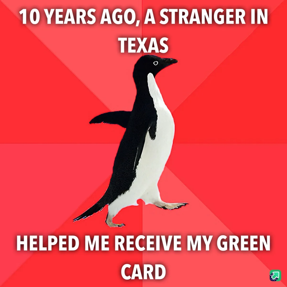 A black-and-white penguin stands against a red background with diagonal stripes. White text at the top reads '10 YEARS AGO…