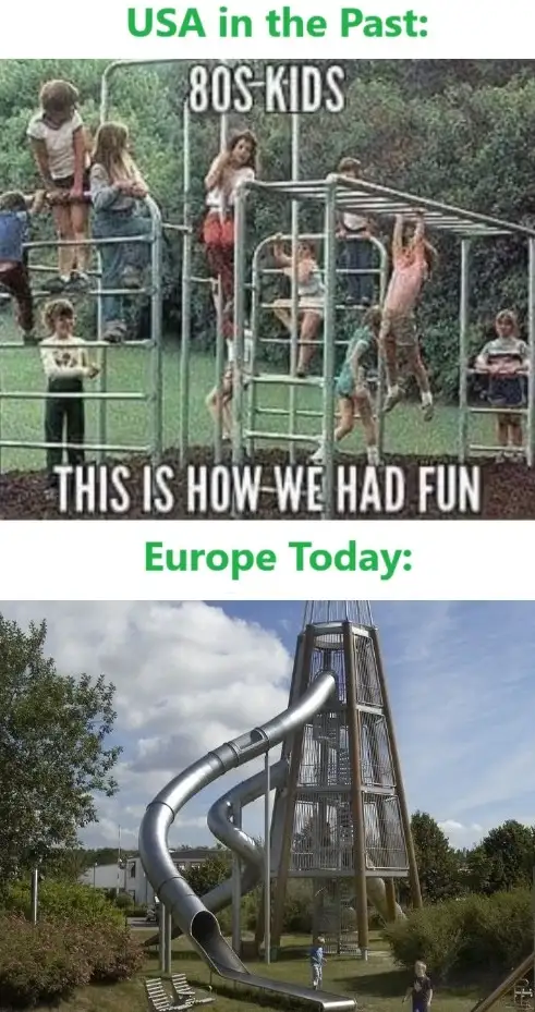 The image is split into two panels. The top panel shows several children playing on a simple, metal jungle gym in a grassy…
