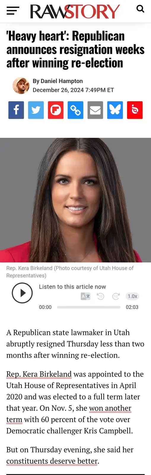 A screenshot of a RawStory news article about Rep. Kera Birkeland, who resigned weeks after winning re-election. The…