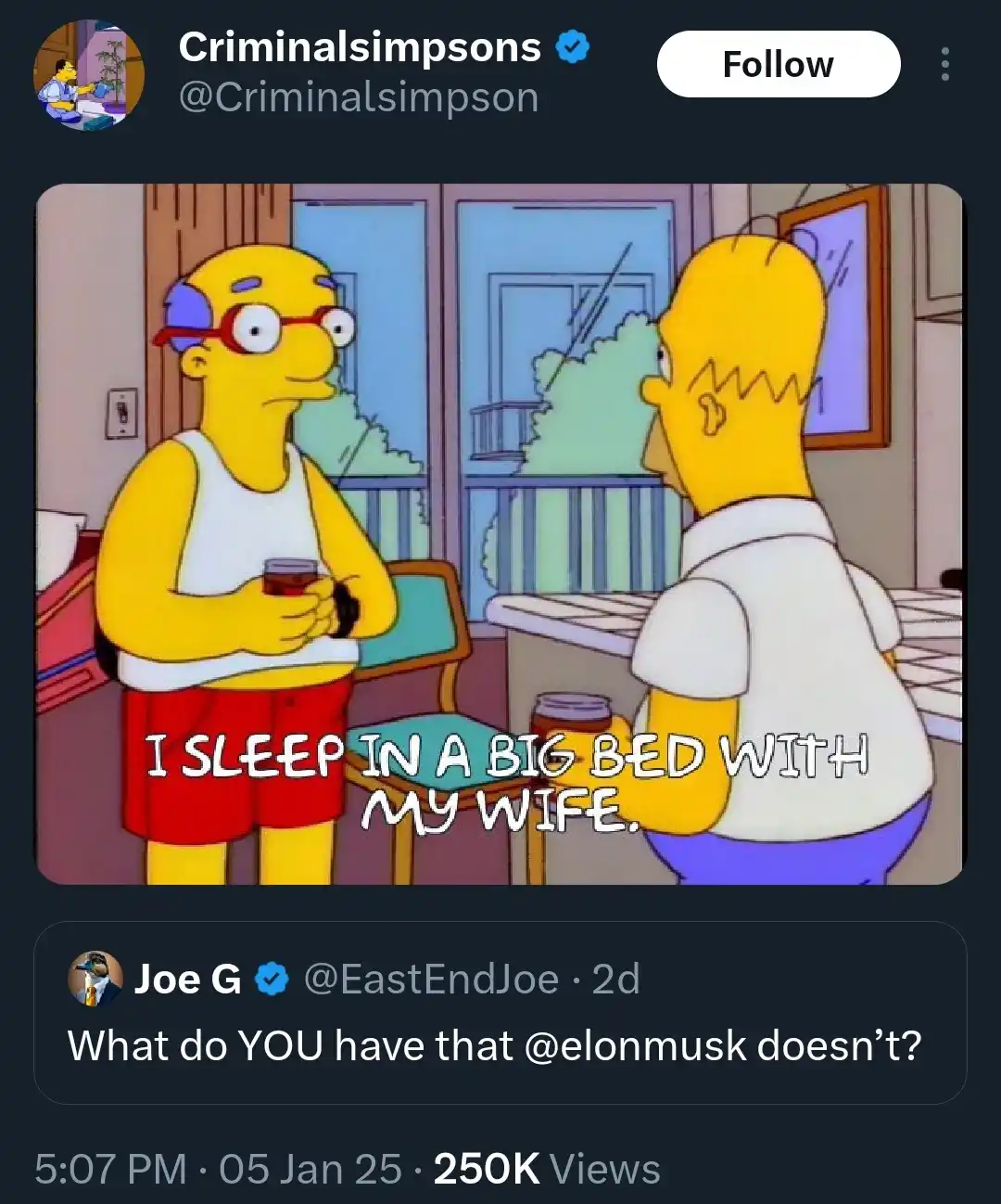 A still from The Simpsons shows two characters, one facing the other. The character on the left, wearing red shorts and…