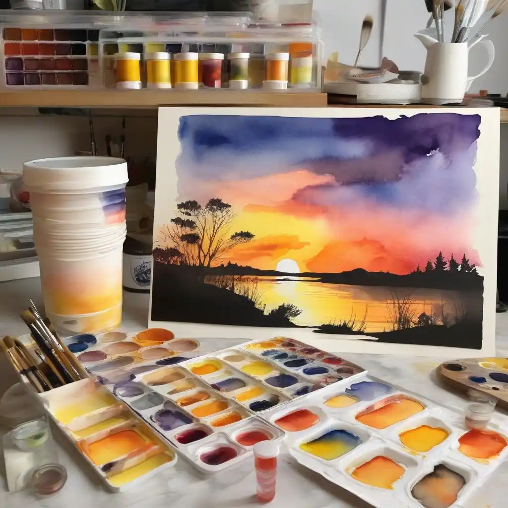 A watercolor painting of a sunset with a bright orange-yellow sun is displayed on an easel in an artist's studio…