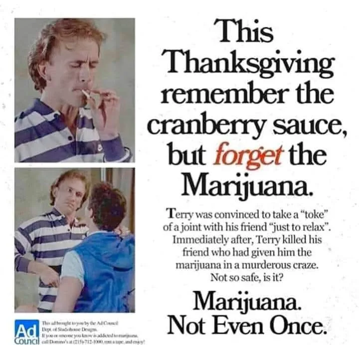 The image is a vintage public service announcement from the Ad Council featuring a man in a striped shirt smoking a…